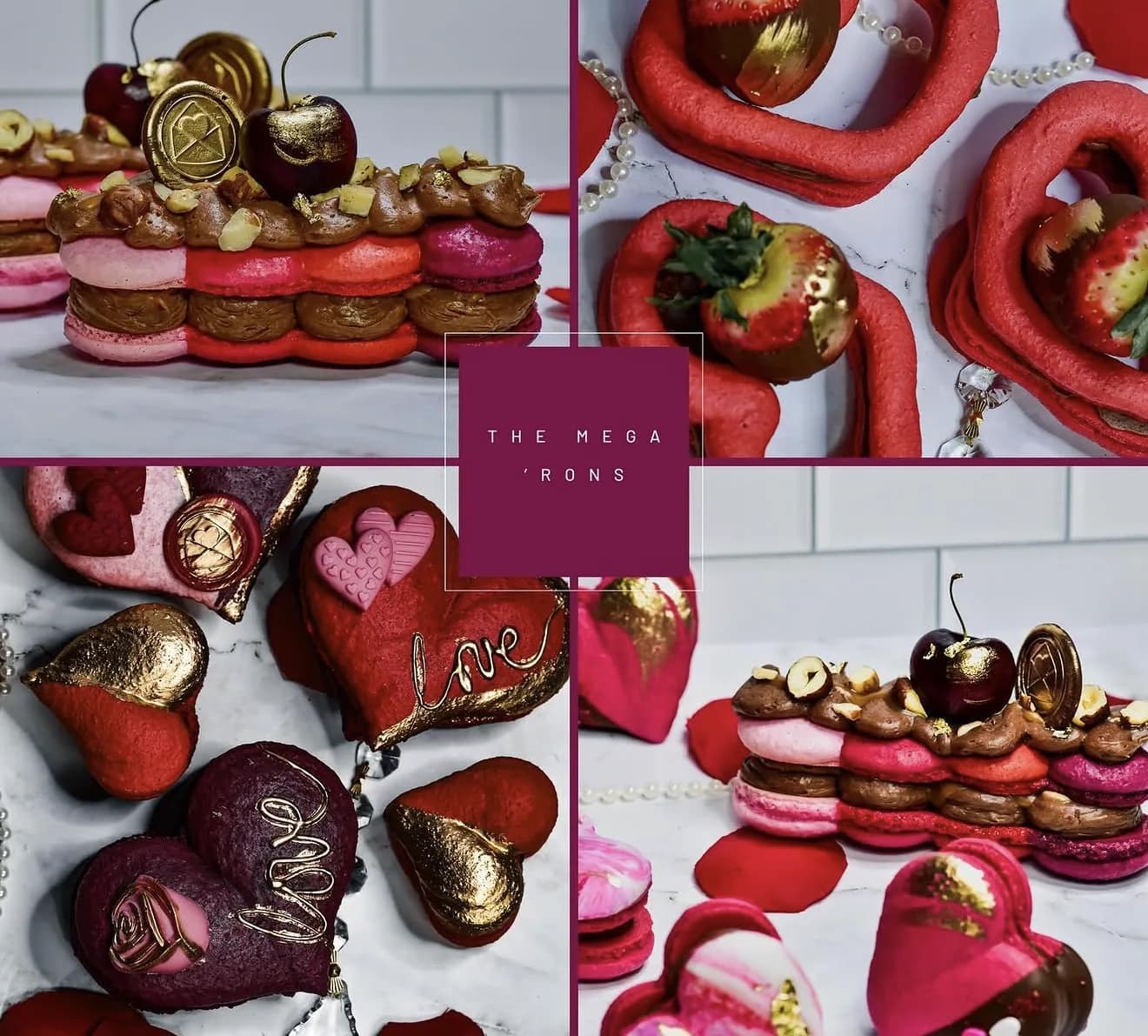Four-panel collage showing mega macarons with chocolate cherries hearts and covered strawberries