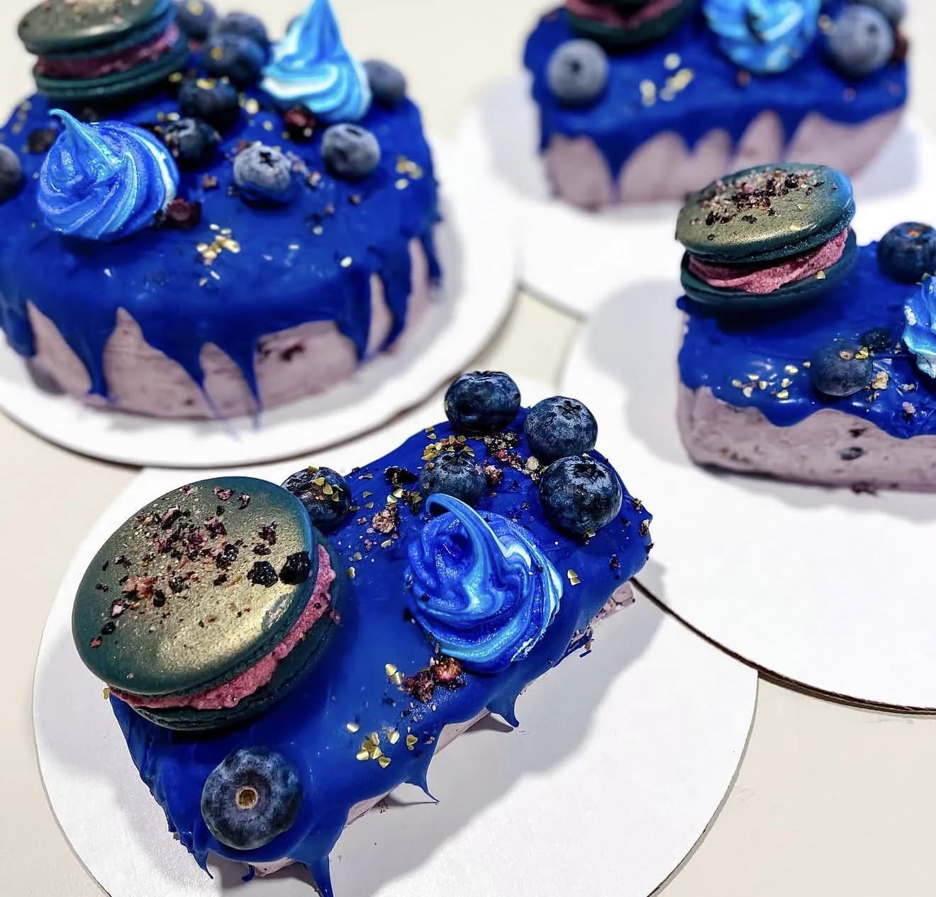 Rectangular royal blue drip cake with macaron meringue swirl fresh blueberries on plant backdrop